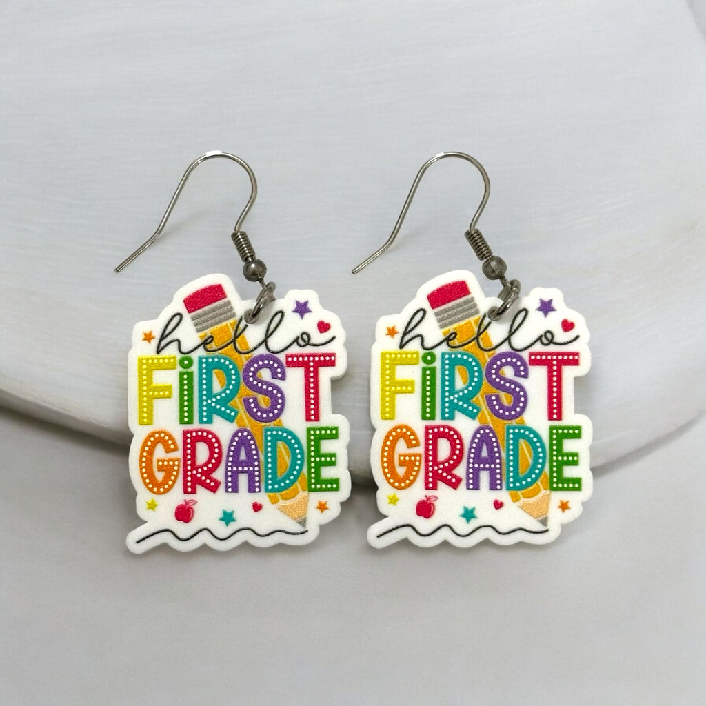 Hello First Grade Teacher Earrings
